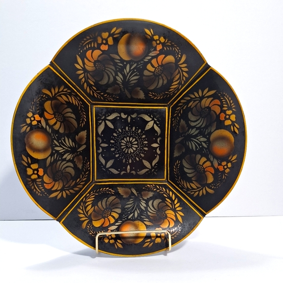 Antique Stenciled Tin Toleware Bowl Floral/Fruit Design Black & Gold Folk Art - Picture 1 of 14